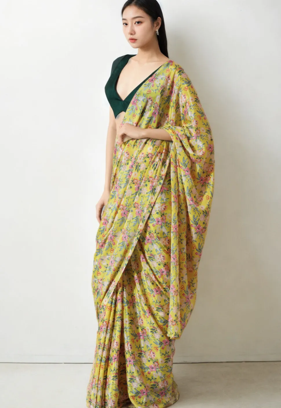 Pre Stitched Chinon Chiffon Saree in Yellow