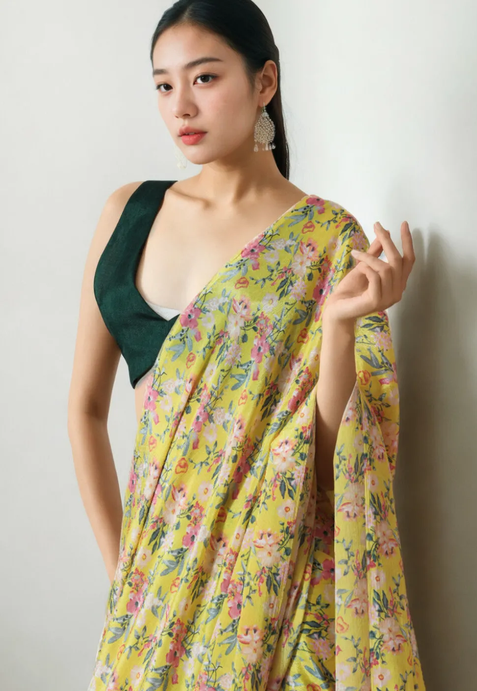 Pre Stitched Chinon Chiffon Saree in Yellow