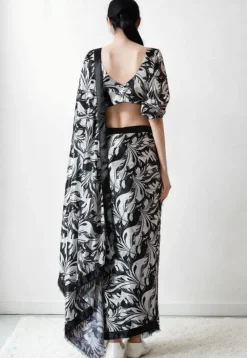 Pre Stitched Chinon Chiffon Saree in Black