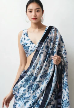 Pre Stitched Chinon Chiffon Saree in Off White
