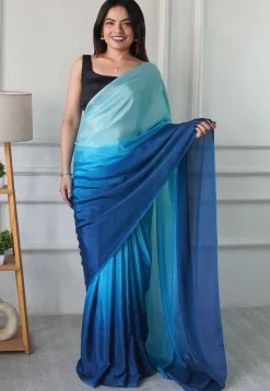 Pre Stitched Chinon Chiffon Saree in Blue Ombre