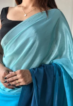 Pre Stitched Chinon Chiffon Saree in Blue Ombre