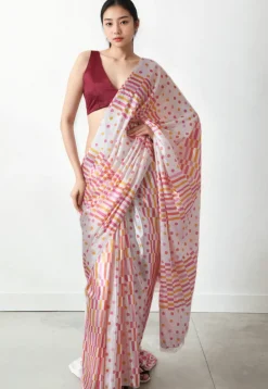 Pre Stitched Chinon Chiffon Saree in Off White