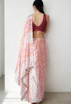 Pre Stitched Chinon Chiffon Saree in Off White
