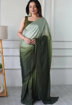 Pre Stitched Chinon Chiffon Saree in Olive Green Ombre