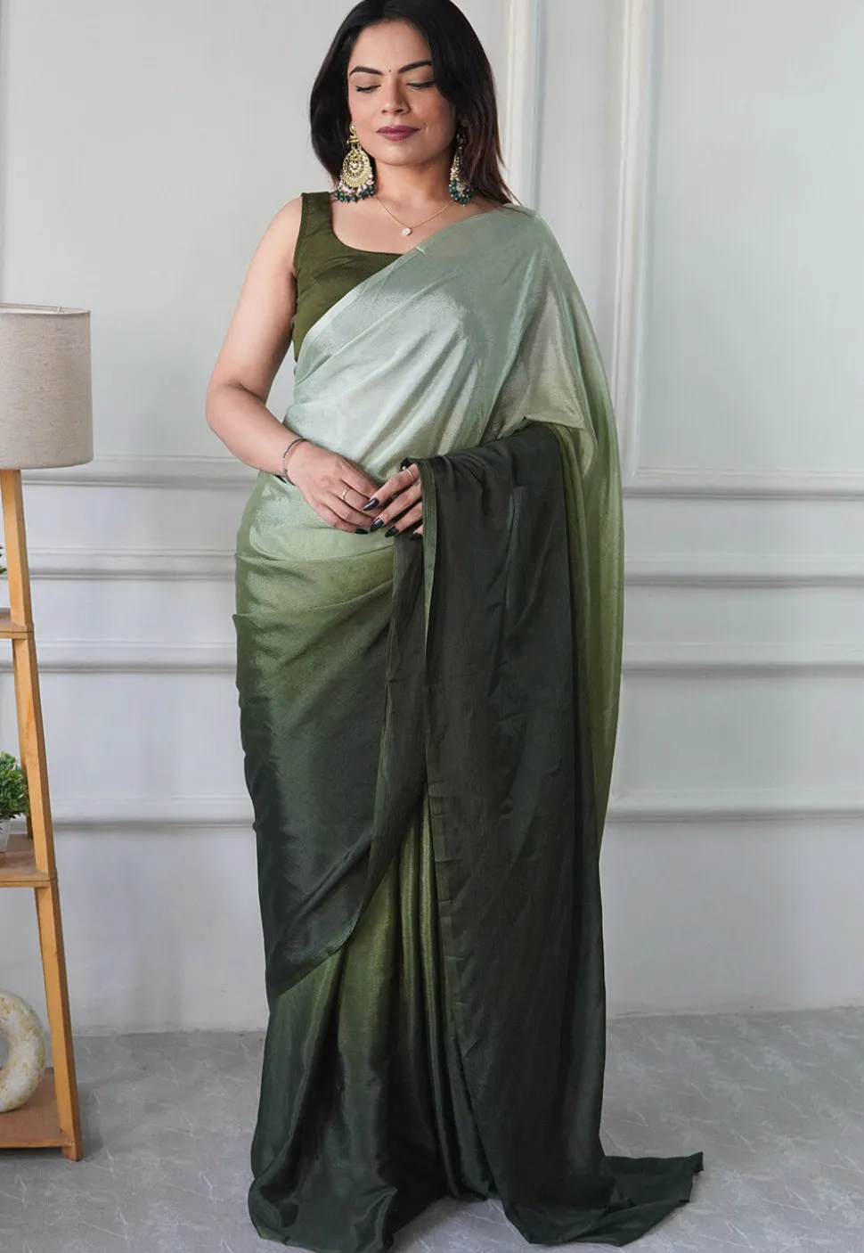 Pre Stitched Chinon Chiffon Saree in Olive Green Ombre