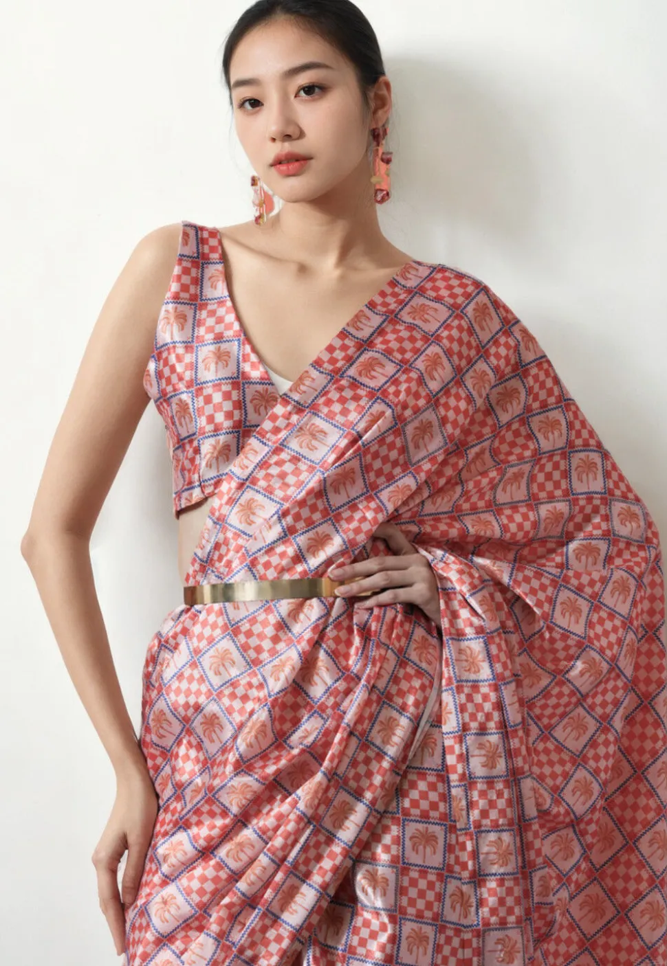 Pre Stitched Chinon Chiffon Saree in Off White and Peach
