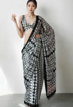 Pre Stitched Chinon Chiffon Saree in Off White