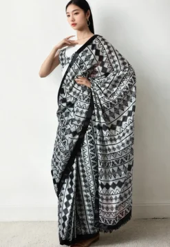 Pre Stitched Chinon Chiffon Saree in Off White