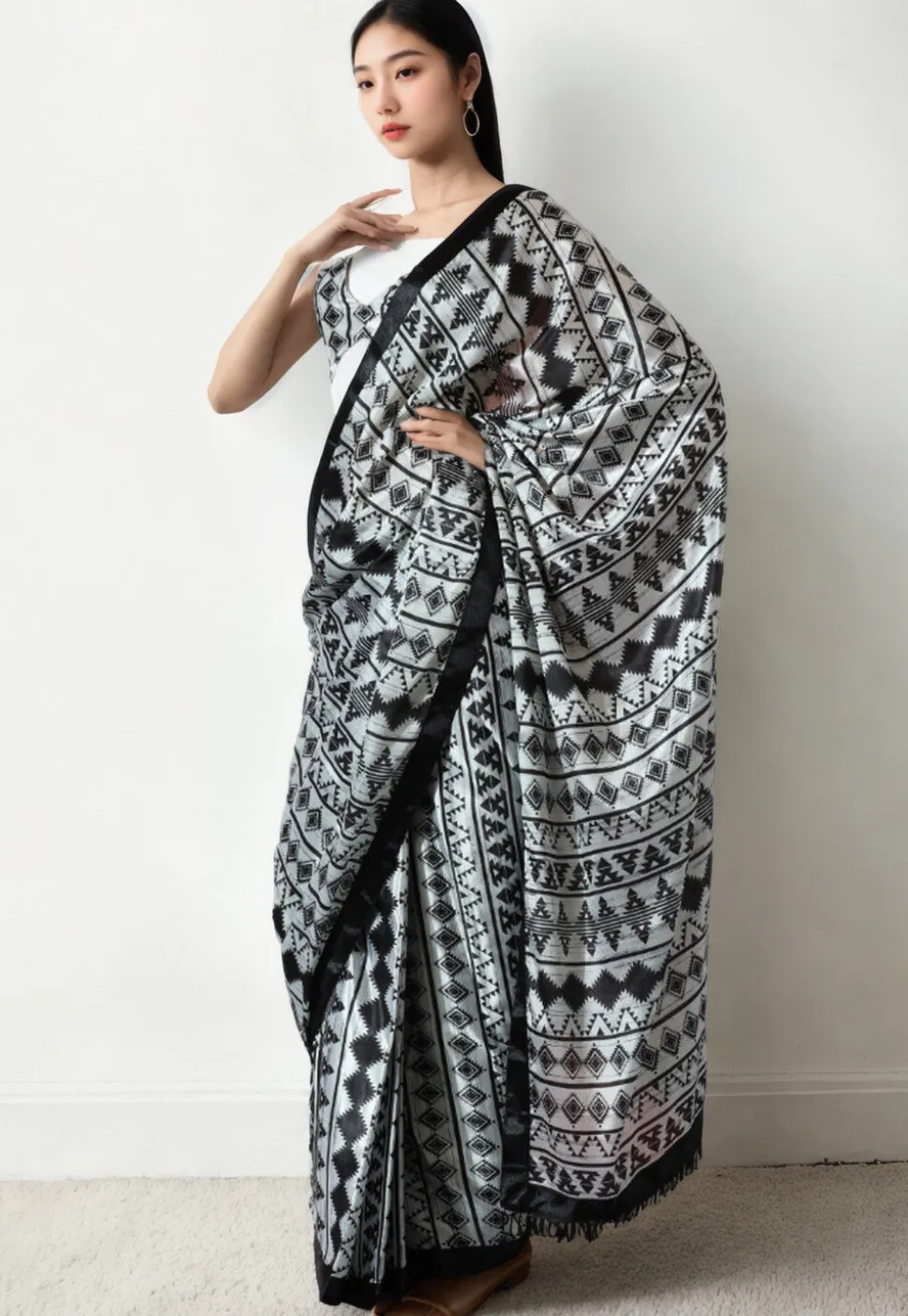 Pre Stitched Chinon Chiffon Saree in Off White