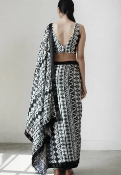 Pre Stitched Chinon Chiffon Saree in Off White
