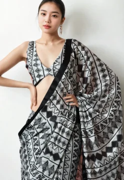 Pre Stitched Chinon Chiffon Saree in Off White