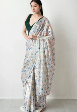 Pre Stitched Chinon Chiffon Saree in Off White