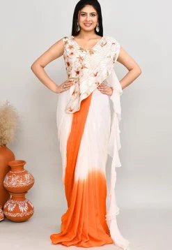 Pre Stitched Chinon Chiffon Saree in Off White and Orange