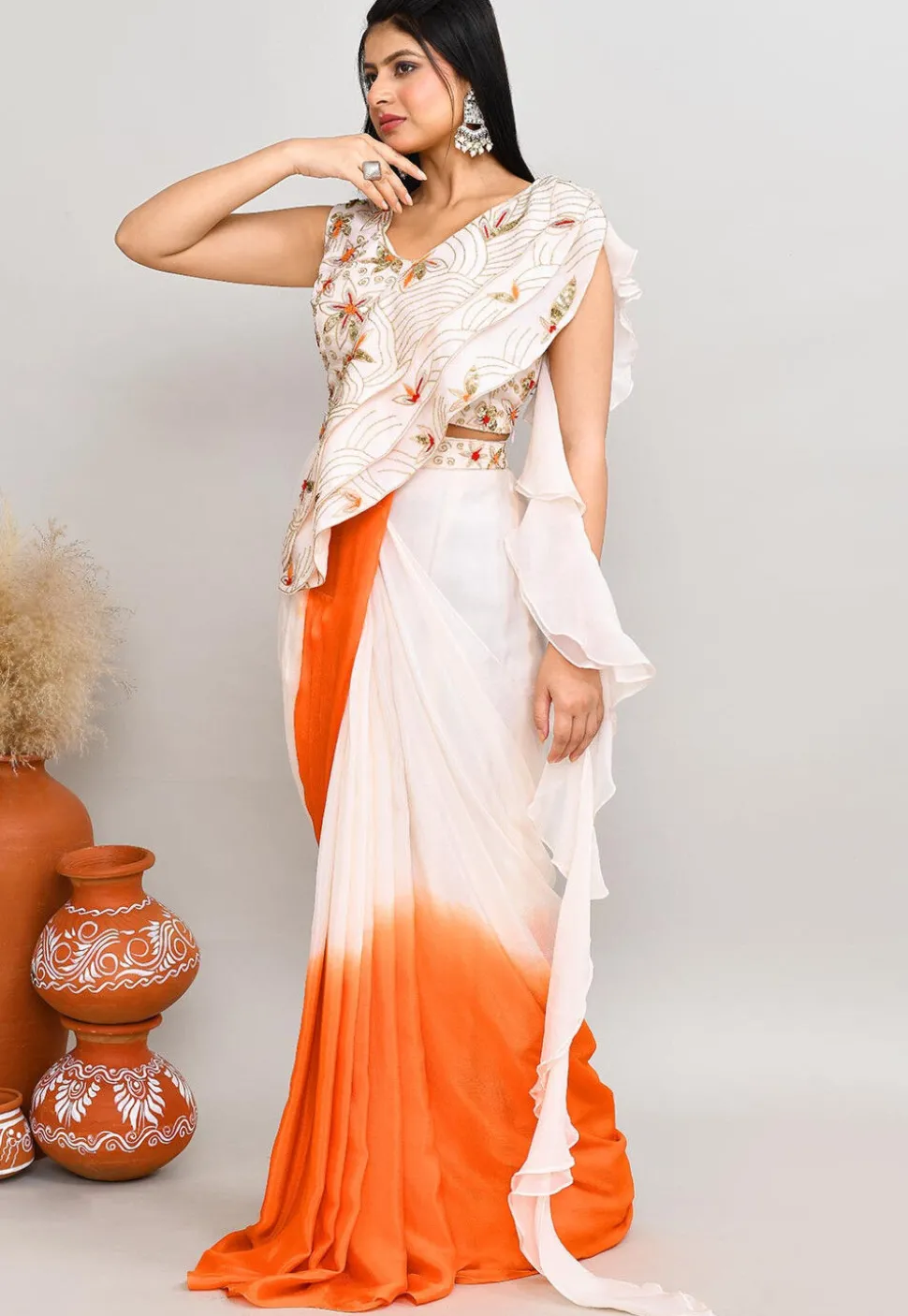 Pre Stitched Chinon Chiffon Saree in Off White and Orange