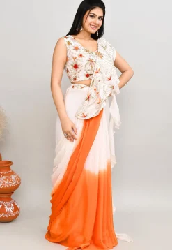 Pre Stitched Chinon Chiffon Saree in Off White and Orange