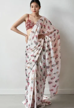 Pre Stitched Chinon Chiffon Saree in Cream