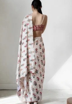 Pre Stitched Chinon Chiffon Saree in Cream