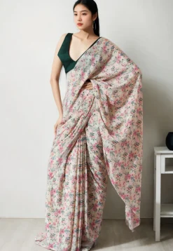 Pre Stitched Chinon Chiffon Saree in Light Beige
