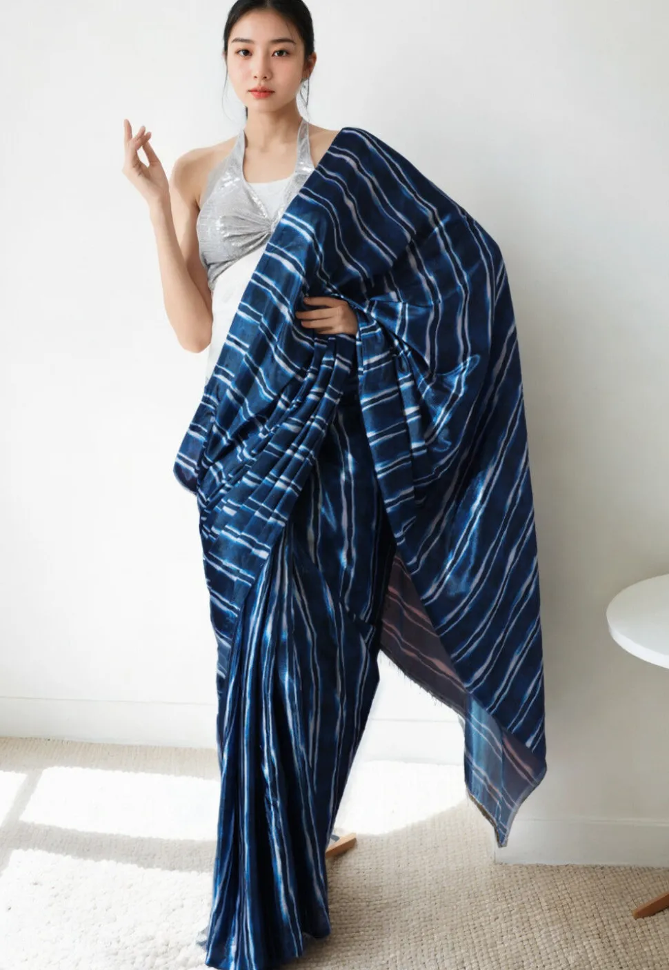 Pre Stitched Chinon Chiffon Saree in Navy Blue