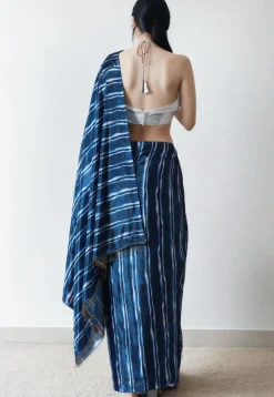 Pre Stitched Chinon Chiffon Saree in Navy Blue