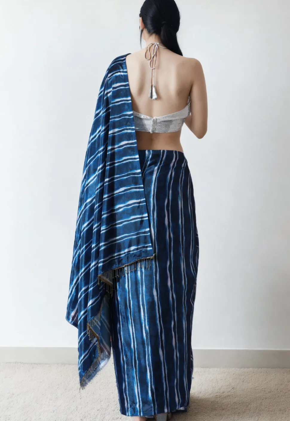 Pre Stitched Chinon Chiffon Saree in Navy Blue