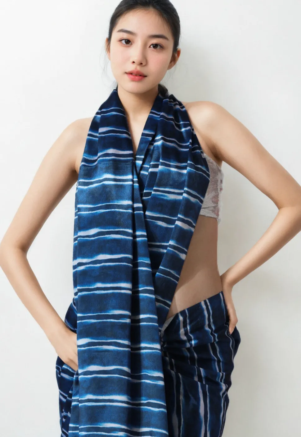 Pre Stitched Chinon Chiffon Saree in Navy Blue