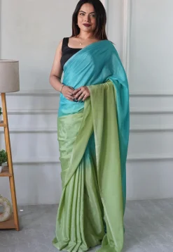 Pre Stitched Chinon Chiffon Saree in Sea Green and Green Shaded