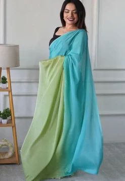 Pre Stitched Chinon Chiffon Saree in Sea Green and Green Shaded