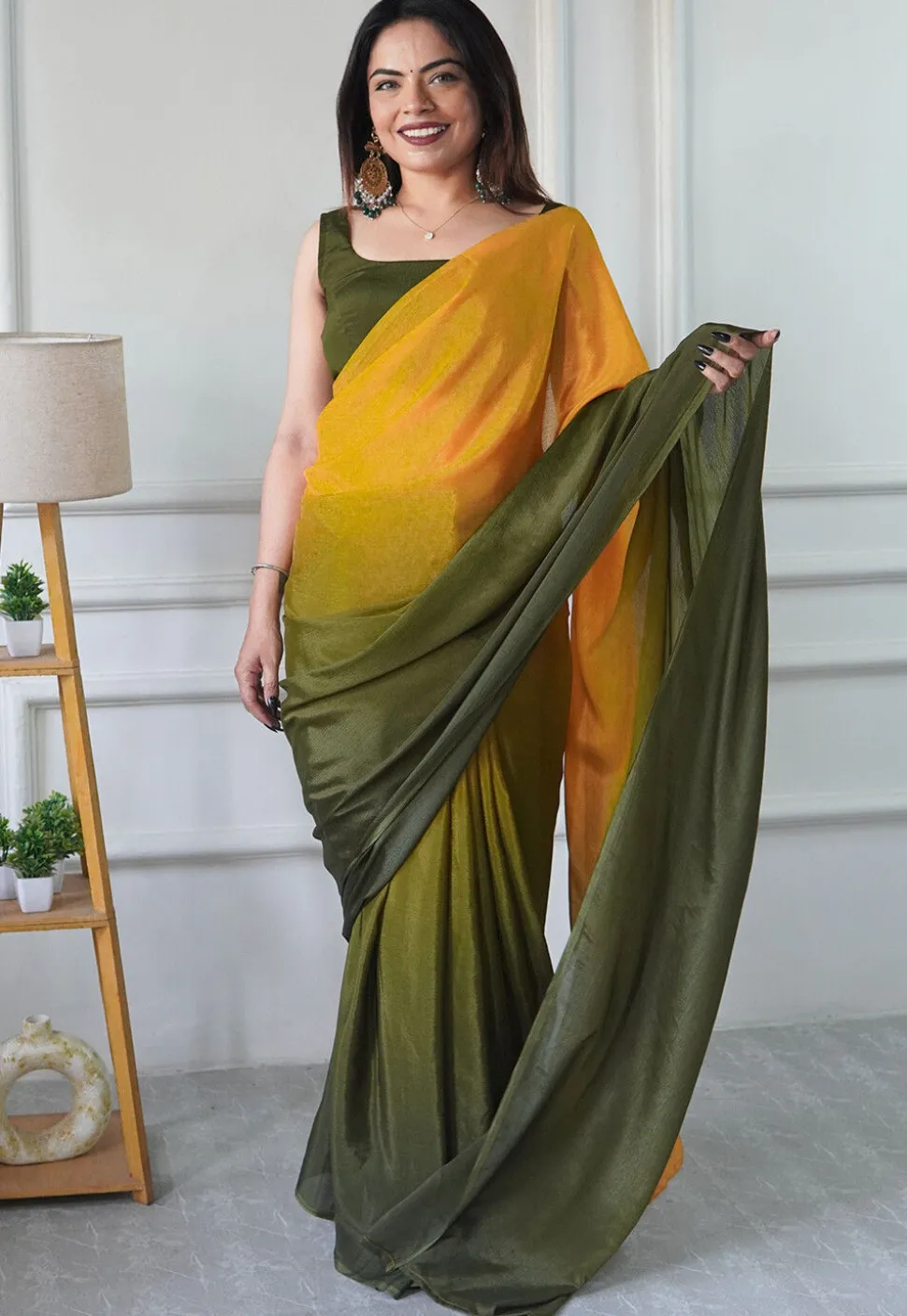 Pre Stitched Chinon Chiffon Saree in Mustard and Olive Green Shaded