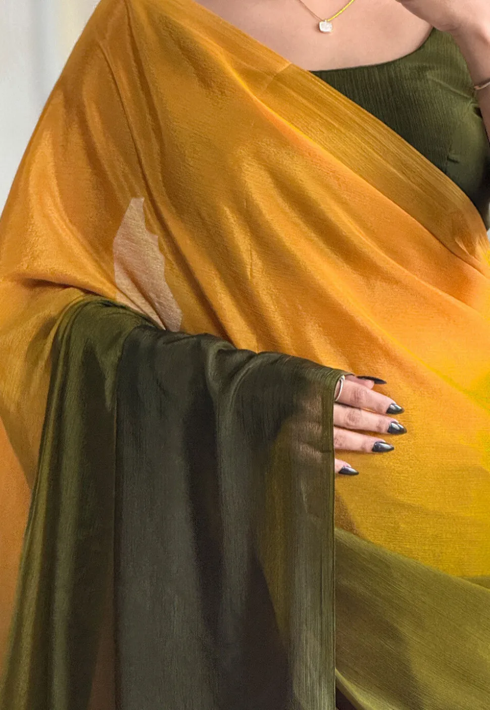 Pre Stitched Chinon Chiffon Saree in Mustard and Olive Green Shaded