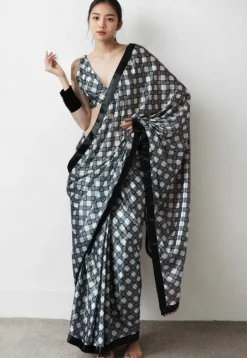 Pre Stitched Chinon Chiffon Saree in White and Grey