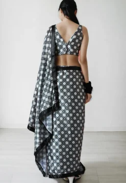 Pre Stitched Chinon Chiffon Saree in White and Grey