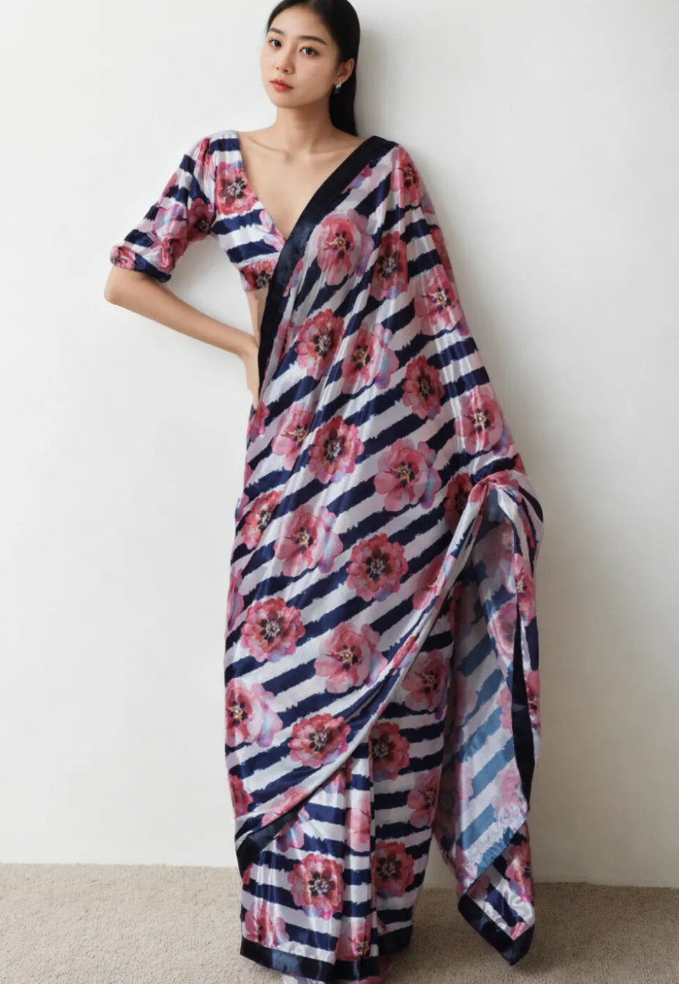 Pre Stitched Chinon Chiffon Saree in White and Navy Blue