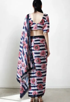 Pre Stitched Chinon Chiffon Saree in White and Navy Blue