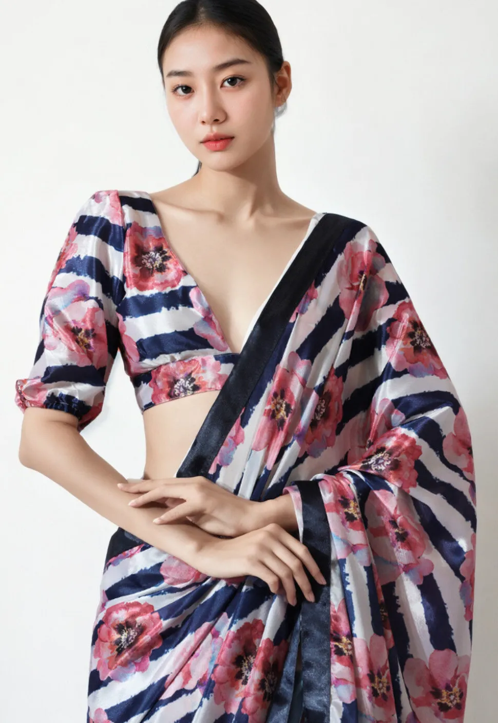 Pre Stitched Chinon Chiffon Saree in White and Navy Blue