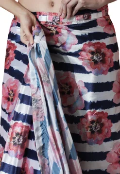 Pre Stitched Chinon Chiffon Saree in White and Navy Blue