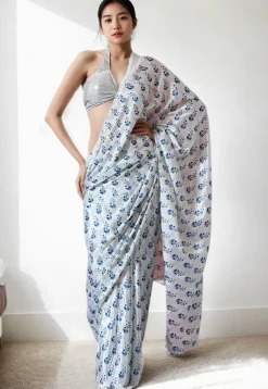 Pre Stitched Chinon Chiffon Saree in White