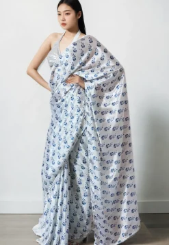 Pre Stitched Chinon Chiffon Saree in White