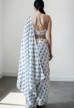 Pre Stitched Chinon Chiffon Saree in White