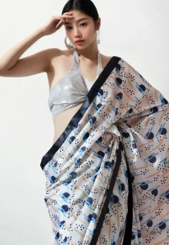 Pre Stitched Chinon Chiffon Saree in White