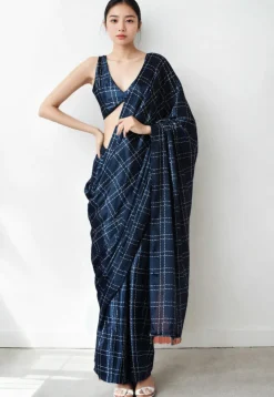 Pre Stitched Chinon Chiffon Saree in Navy Blue