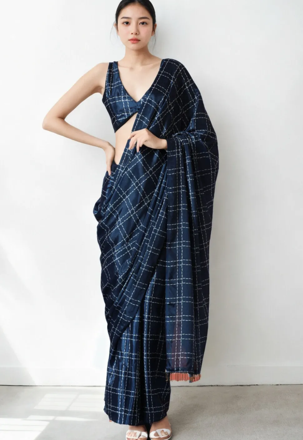 Pre Stitched Chinon Chiffon Saree in Navy Blue