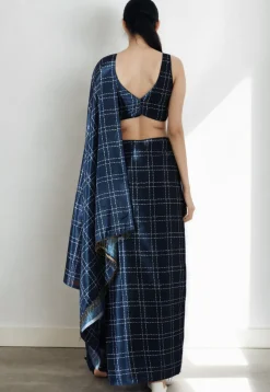 Pre Stitched Chinon Chiffon Saree in Navy Blue