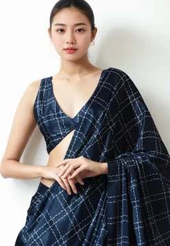 Pre Stitched Chinon Chiffon Saree in Navy Blue