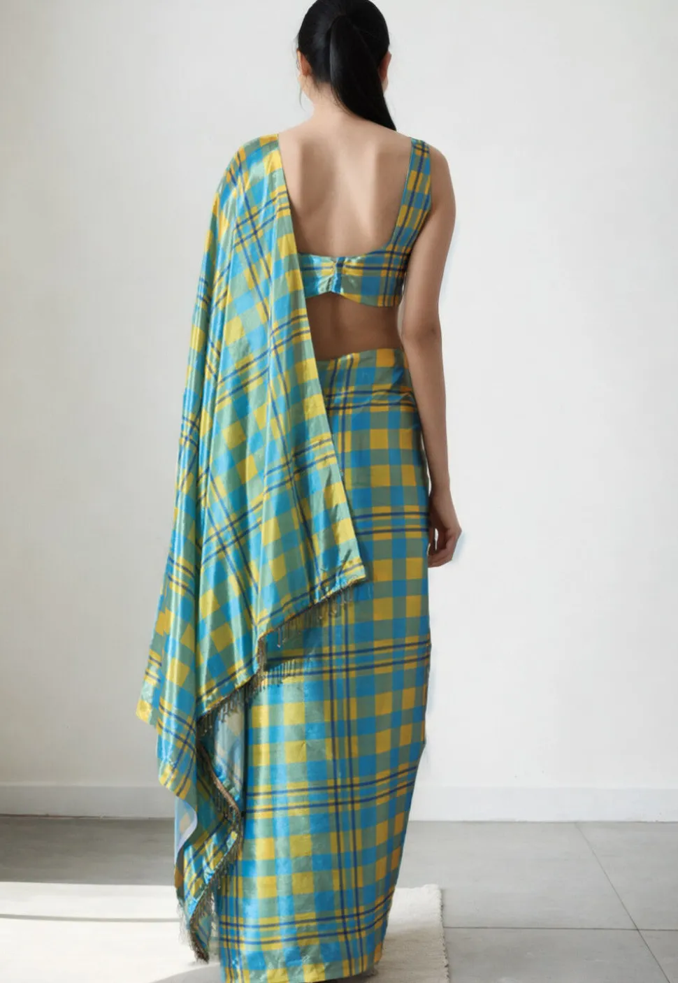Pre Stitched Chinon Chiffon Saree in Blue and Yellow