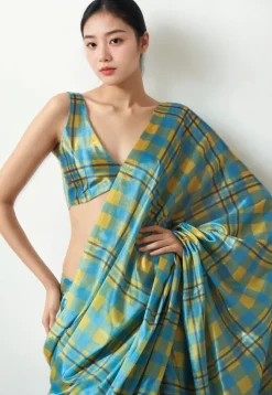 Pre Stitched Chinon Chiffon Saree in Blue and Yellow
