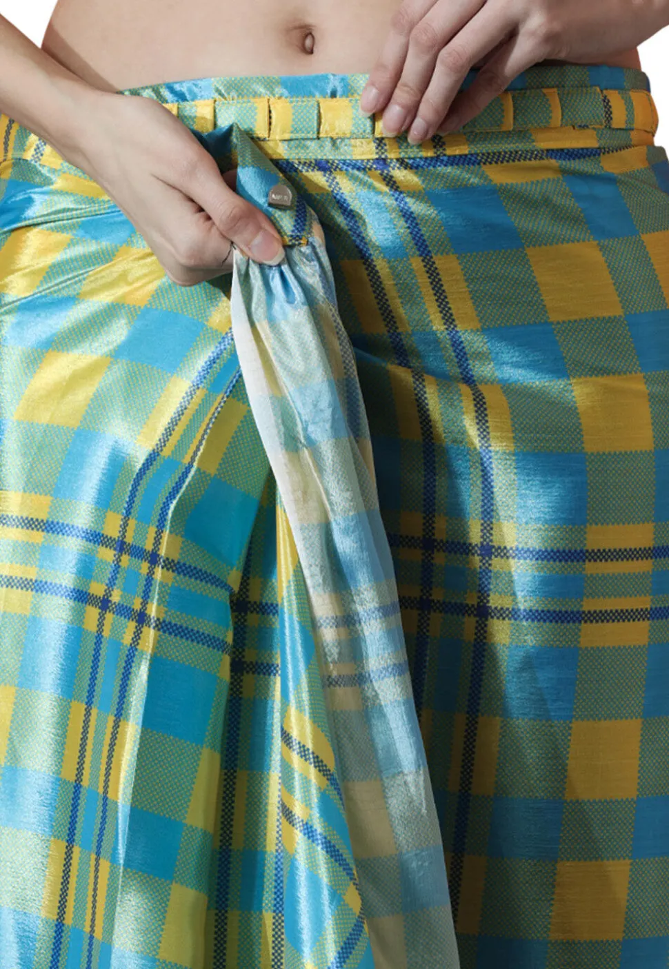 Pre Stitched Chinon Chiffon Saree in Blue and Yellow