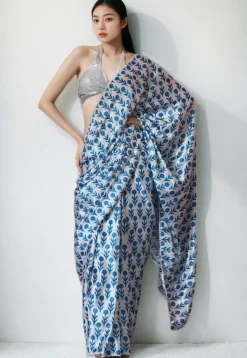 Pre Stitched Chinon Chiffon Saree in White