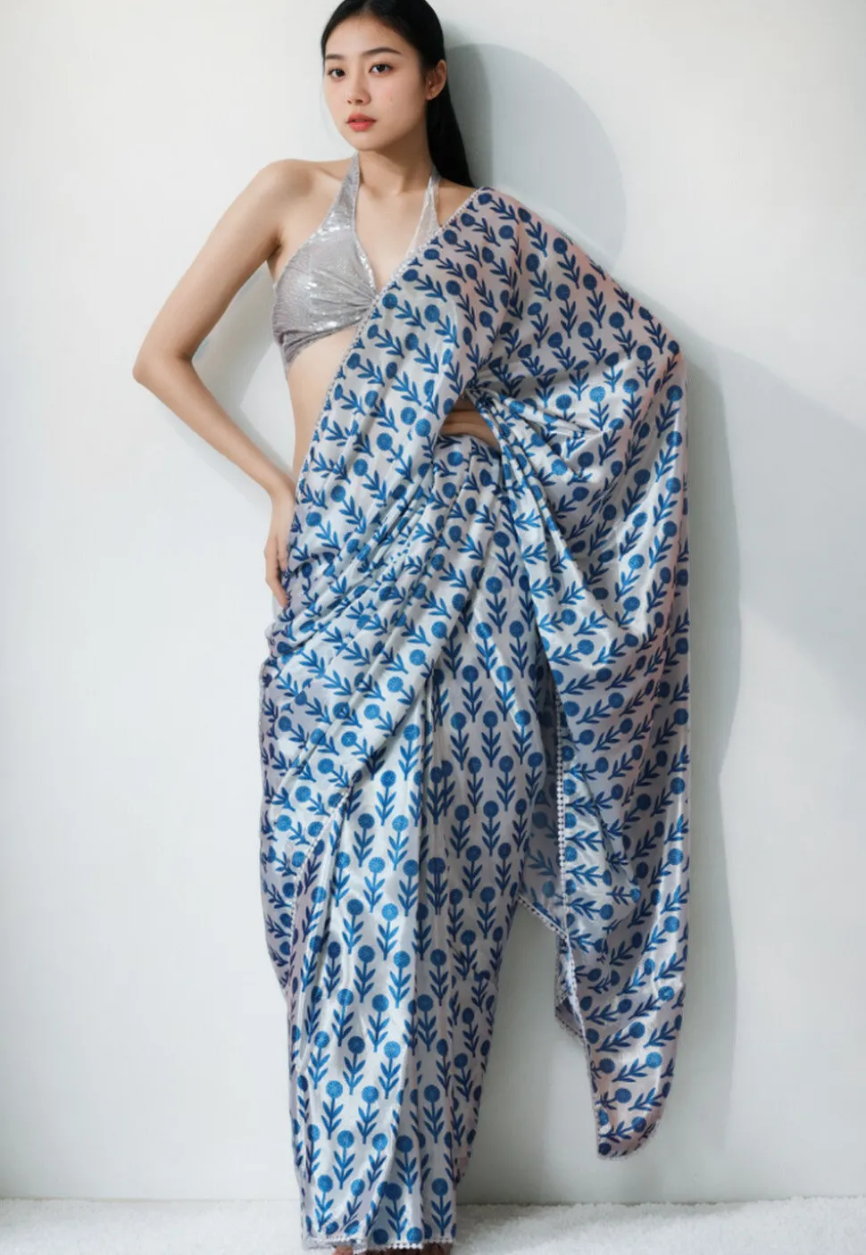 Pre Stitched Chinon Chiffon Saree in White